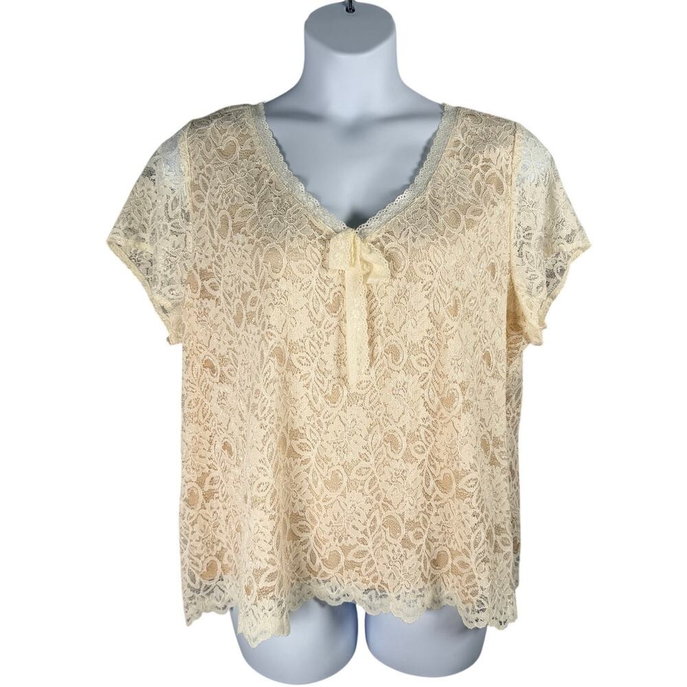 Emma James‎ Top 3X Nude w/ White Lace Overlay Scalloped Dainty Ethereal Coquette